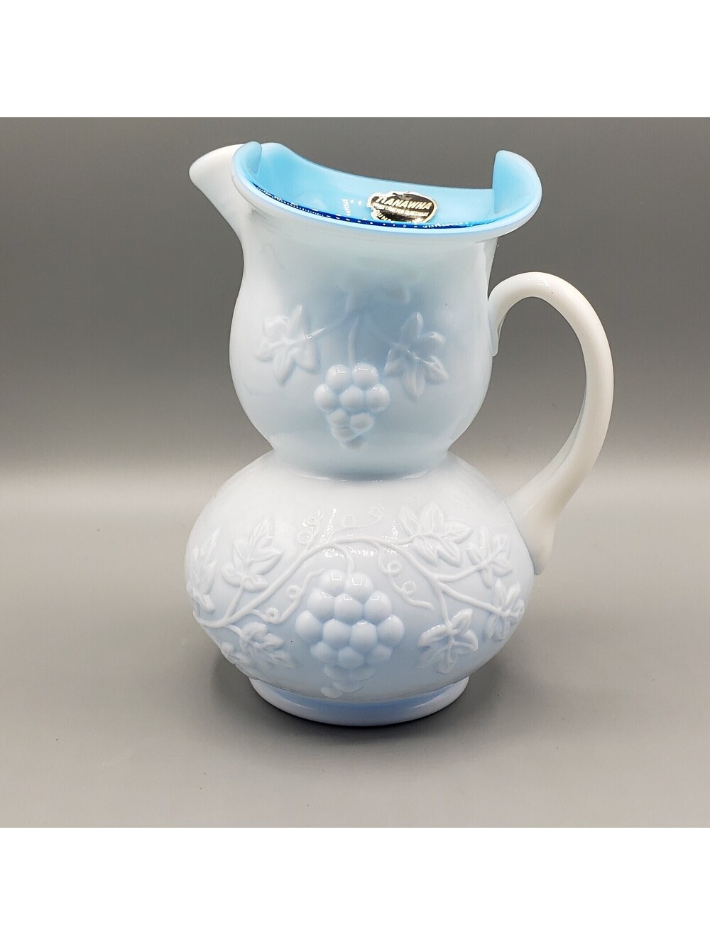 Vintage Kanawha Pitcher Vase Grapes Cased Glass White On Blue Pinched Spout USA